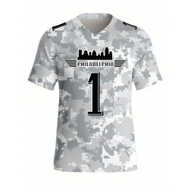 Men's Arctic Camo Philadelphia #1 Polyester Football Jersey, Men V-Neck Sports Shirt With Slight Stretch, Breathable Casual Knit Fabric For All Seasons, Loose Fit Adult, Fans Gift Men, For Training Competition Festival Party Outdoor Sports