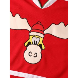 Men's #00 Red & Green Striped Ice Hockey Jersey with Cartoon Embroidery - V-Neck, Long Sleeve, Polyester, Machine Washable - Ideal for Team Sports, Casual Outings, and Holiday Celebrations, Hockey Stocking Stuffers