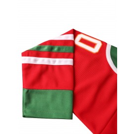 Men's #00 Red & Green Striped Ice Hockey Jersey with Cartoon Embroidery - V-Neck, Long Sleeve, Polyester, Machine Washable - Ideal for Team Sports, Casual Outings, and Holiday Celebrations, Hockey Stocking Stuffers