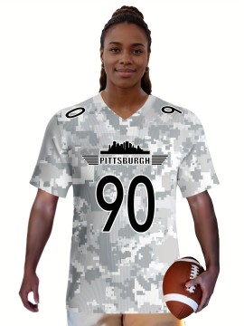 Large Size Women's Arctic Camo Pittsburgh #90 Polyester Football Jersey, Women V-Neck Game Day Sports Shirt With Slight Stretch, Breathable Casual Knit Fabric, Loose Fit Adult, Fans Gift Women, For Casual, Party, Training Wear