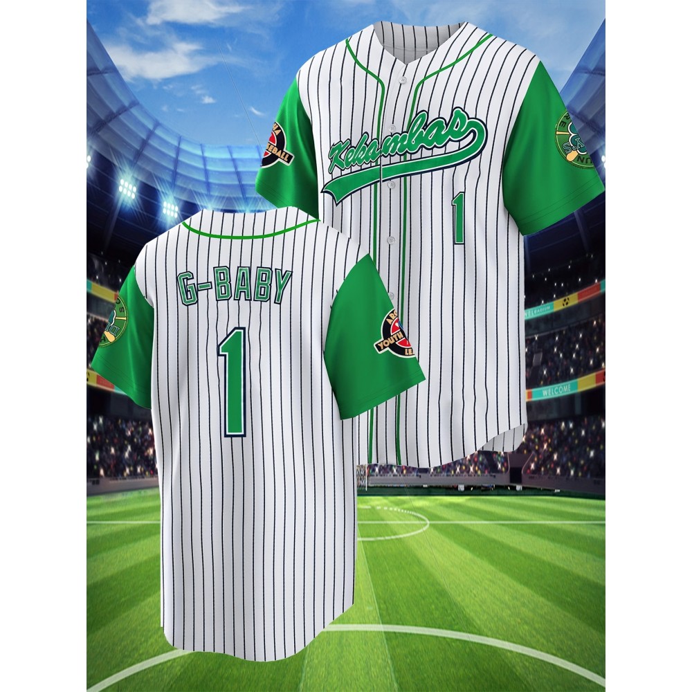 Men's Black And White Striped # 1 Baseball Shirt, Classic Letter Embroidery Design, Button Style Short Sleeve Breathable Shirt, Training And Competition Category: Men's Baseball Shirt