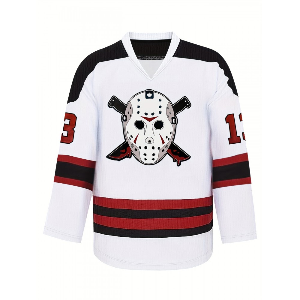 Men's white # 13 ice hockey sports shirt, loose embroidered long sleeves, sporty and fashionable casual, street breathable